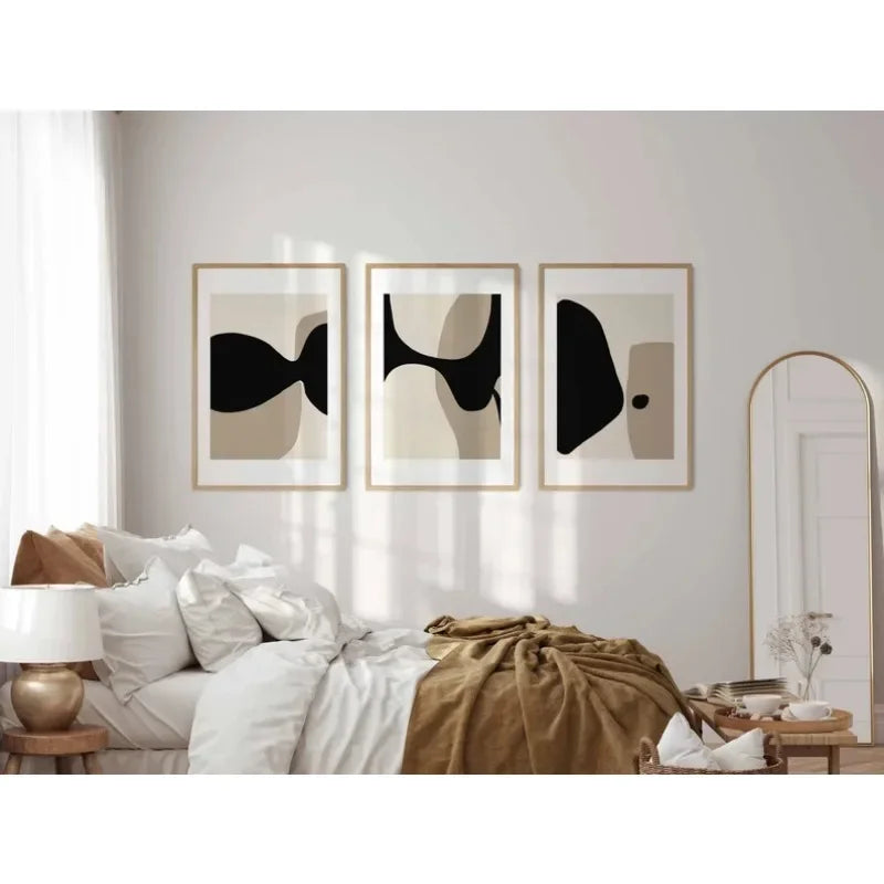 Modern Minimalist Neutral Gallery Wall Art Black and Beige Abstract Art Canvas Painting Nordic Simple Bedroom Frameless Wall Art